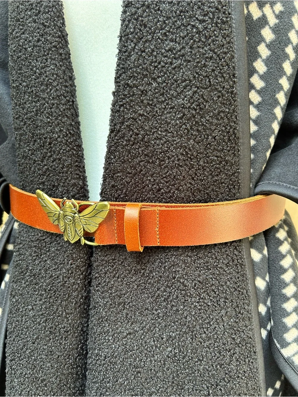 Women's Tan Leather Belt with Gold Bee Buckle